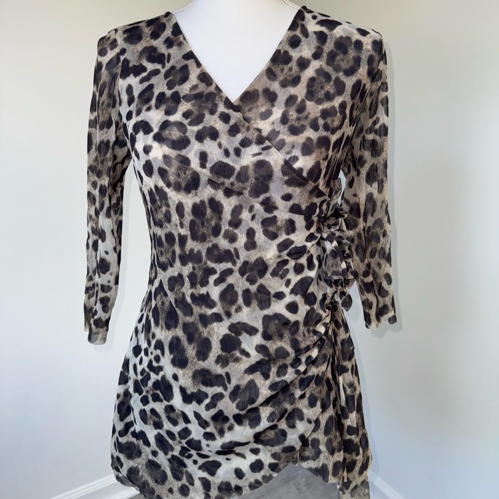 Vintage Johnny Heaven Leopard Mesh‎ Ruched Tunic Top Faux Wrap Sheer Nylon L